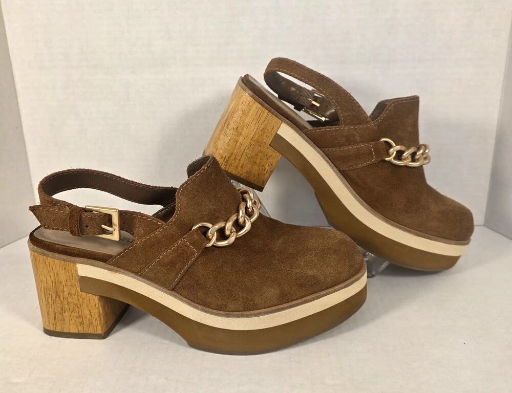 Bernardo Sochi Suede Chain Slingback Clogs Tobacco Brown Block Heel Size 6 Boho